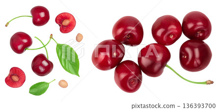 red sweet cherry isolated on white background . Top view with copy space for your text. Flat lay red sweet cherry isolated on white background . Top view with copy space for your text. Flat lay 136393700