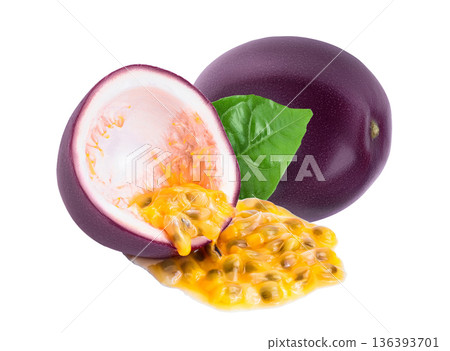 passion fruits with half isolated on white background. maracuya with full depth of field passion fruits with half isolated on white background. maracuya with full depth of field 136393701