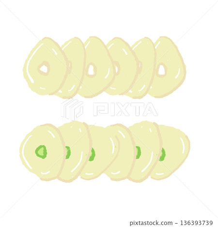 Illustration of sliced garlic. Sliced garlic used for flavoring dishes and chips. 136393739