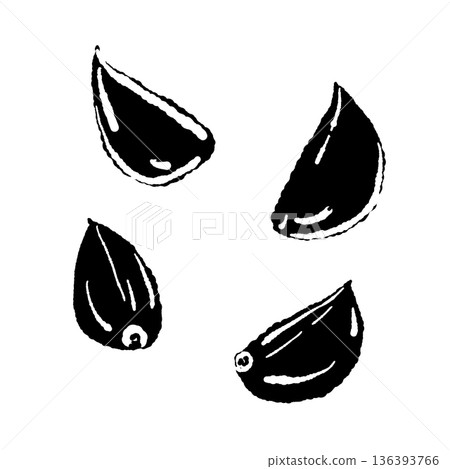 Monochrome illustration of multiple peeled garlic cloves Garlic silhouette with scattered grains Monochrome illustration of multiple peeled garlic cloves Garlic silhouette with scattered grains 136393766