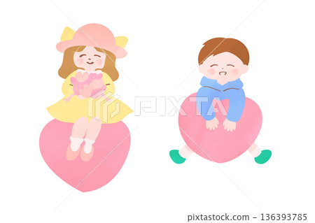 一個女孩坐在心形圖案上，一個男孩靠在心形圖案上 | 情人節素材 136393785