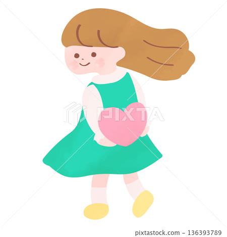 A girl in a dress holding a heart on her back A girl in a dress holding a heart on her back 136393789