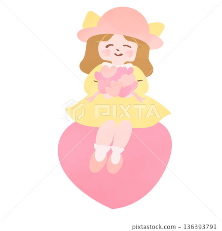 女孩坐在心形圖案上,手捧花田 | 表達愛與善良的插畫 女孩坐在心形圖案上,手捧花田 | 表達愛與善良的插畫 136393791