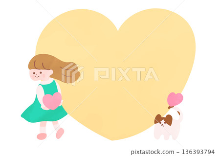 Heart frame of a girl and cat holding a heart on her back | Watercolor touch 136393794