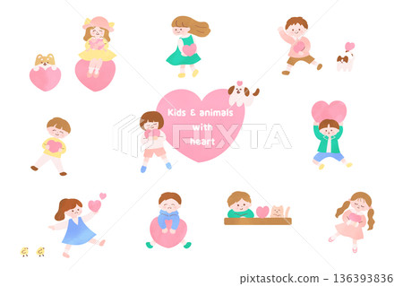 Picture book style illustration of children and animals holding hearts | Concept of love, compassion, and friendship Picture book style illustration of children and animals holding hearts | Concept of love, compassion, and friendship 136393836