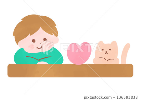 男孩和貓咪將手臂搭在桌子上,看著一顆心 | 一幅令人愉悅的插畫 男孩和貓咪將手臂搭在桌子上,看著一顆心 | 一幅令人愉悅的插畫 136393838