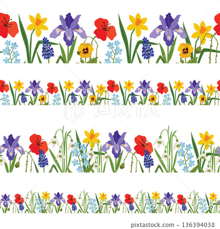 Seamless horizontal floral borders set featuring vibrant spring flowers like tulips, irises, daffodils, snowdrops and forget-me-nots. 136394038