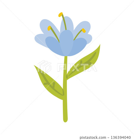 A simple, cheerful cartoon illustration of a single blue flower with a green stem and leaves. 136394040