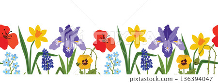 Horizontal seamless border with colorful spring flowers like irises, daffodils, poppies, and pansies. 136394047