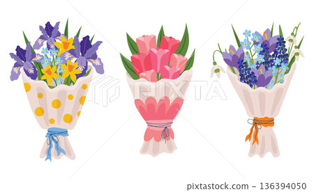 Set of three spring flower bouquets wrapped in decorative paper. 136394050