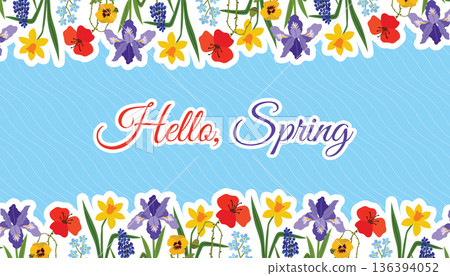 A bright Hello Spring banner or card with colorful floral sticker borders with flowers like irises, poppies, and daffodils. 136394052
