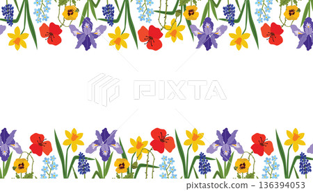 Spring flower border featuring irises, poppies, daffodils, pansies, and grape hyacinth. 136394053