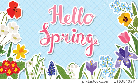 A bright Hello Spring poster with floral stickers and hand lettering. A bright Hello Spring poster with floral stickers and hand lettering. 136394057