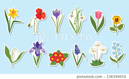 A set of twelve colorful spring flower stickers with white borders on a light blue background. 136394058