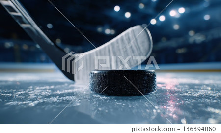 A close-up of a hockey stick poised above a black puck on the ice rink. The scene captures the essence of winter sports and competition in Italy. 136394060