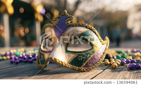 A decorative Mardi Gras mask in purple, green, and gold rests on a wooden surface surrounded by colorful beads. The scene captures the festive spirit of the carnival season. 136394061