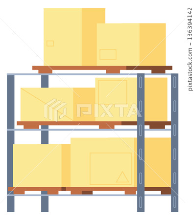 Storehouse shelves with shipping boxes. Cargo stock storage 136394142