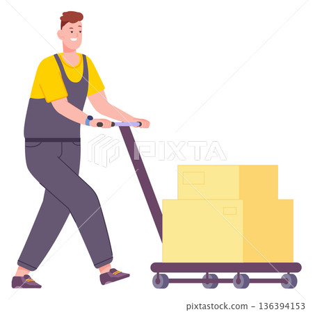 Cardboard boxes on cargo trolley. Storage worker cart 136394153