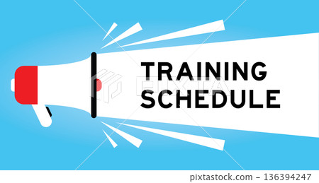 Color megaphone icon with word training schedule in white banner on blue background Color megaphone icon with word training schedule in white banner on blue background 136394247