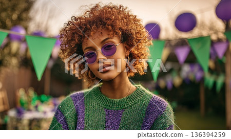 Portrait of a young African woman with curly hair, wearing purple sunglasses and a green sweater. Colorful decorations in the background suggest a festive atmosphere. 136394259