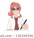 A woman in a white coat writing in a notebook 136394290
