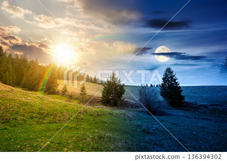 rolling hill with green field under cloudy sky in spring. day and night time change concept. scenic view countryside landscape in mountains with sun and moon at twilight. equality and shift template rolling hill with green field under cloudy sky in spring. day and night time change concept. scenic view countryside landscape in mountains with sun and moon at twilight. equality and shift template 136394302