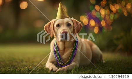 A yellow Labrador retriever wearing a party hat and colorful beads lies on the grass. The background features festive lights, evoking a carnival atmosphere. A yellow Labrador retriever wearing a party hat and colorful beads lies on the grass. The background features festive lights, evoking a carnival atmosphere. 136394329