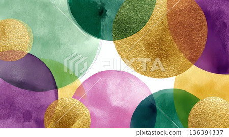 Abstract background with colorful circles in green, purple, gold, and pink. Represents Mardi Gras and the carnival spirit, celebrating the farewell to winter. Abstract background with colorful circles in green, purple, gold, and pink. Represents Mardi Gras and the carnival spirit, celebrating the farewell to winter. 136394337