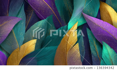 Colorful abstract background with vibrant green, purple, and gold leaves. Represents Mardi Gras and the carnival spirit, symbolizing farewell to winter. Colorful abstract background with vibrant green, purple, and gold leaves. Represents Mardi Gras and the carnival spirit, symbolizing farewell to winter. 136394342