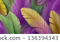 Colorful feathers in shades of purple, green, and yellow create an abstract background. Represents Mardi Gras and the carnival spirit, symbolizing farewell to winter. 136394343