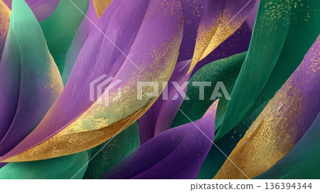 Abstract background with vibrant purple, green, and gold colors. Represents Mardi Gras and the carnival spirit, symbolizing a farewell to winter. Abstract background with vibrant purple, green, and gold colors. Represents Mardi Gras and the carnival spirit, symbolizing a farewell to winter. 136394344