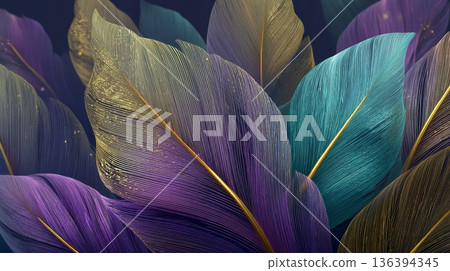 Colorful abstract leaves in shades of purple, teal, and gold. Represents Mardi Gras and the carnival spirit, symbolizing a farewell to winter. Colorful abstract leaves in shades of purple, teal, and gold. Represents Mardi Gras and the carnival spirit, symbolizing a farewell to winter. 136394345