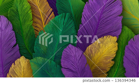 Colorful feathers in green, purple, and gold create an abstract background for Mardi Gras, symbolizing carnival and the farewell to winter. Colorful feathers in green, purple, and gold create an abstract background for Mardi Gras, symbolizing carnival and the farewell to winter. 136394346