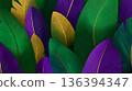 Colorful abstract background with green, purple, and gold leaves. Represents Mardi Gras and the carnival spirit, symbolizing a farewell to winter. 136394347