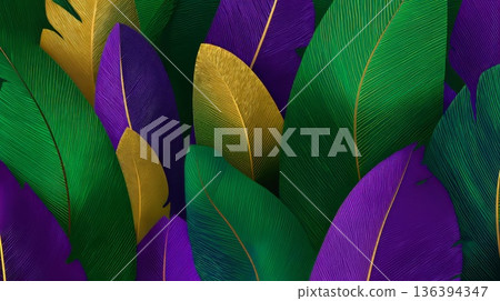 Colorful abstract background with green, purple, and gold leaves. Represents Mardi Gras and the carnival spirit, symbolizing a farewell to winter. Colorful abstract background with green, purple, and gold leaves. Represents Mardi Gras and the carnival spirit, symbolizing a farewell to winter. 136394347