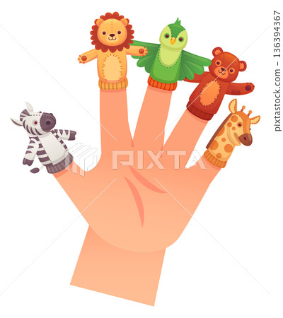 Animal toy puppet on human fingers. Child play Animal toy puppet on human fingers. Child play 136394367