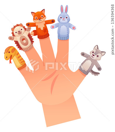 Finger puppet toys on human hand. Cartoon animals Finger puppet toys on human hand. Cartoon animals 136394368