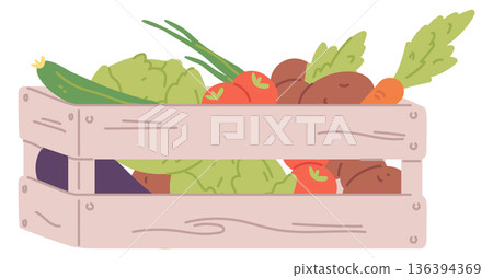 Vegetable harvest. Organic farm food in wooden box Vegetable harvest. Organic farm food in wooden box 136394369