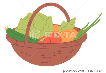 Basket with fresh vegetables. Organic food harvest drawing Basket with fresh vegetables. Organic food harvest drawing 136394370
