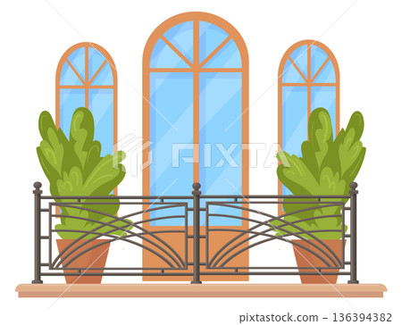 Terrace color icon. Green plants in pots and decorative railing Terrace color icon. Green plants in pots and decorative railing 136394382