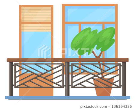 Balcony icon. City building terrace with green houseplant Balcony icon. City building terrace with green houseplant 136394386