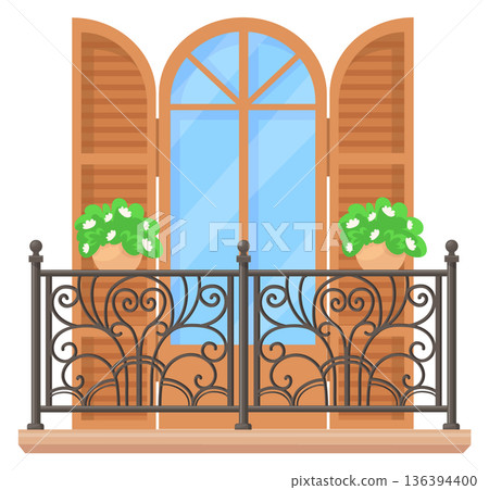 Cute apartment balcony. Wooden shatters in european style Cute apartment balcony. Wooden shatters in european style 136394400