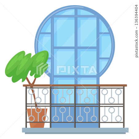 Residential building balcony. Glass door in modern style Residential building balcony. Glass door in modern style 136394404