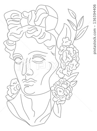 Antique culture goddess. Female head portrait in floral decoration 136394406