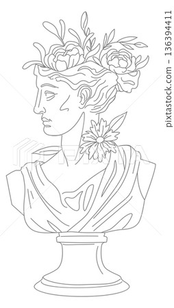 Greek goddess bust. Stone woman with flowers drawing Greek goddess bust. Stone woman with flowers drawing 136394411