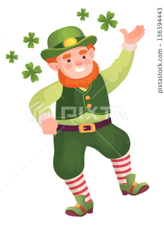 Lucky irish cartoon mascot. Leprechaun with falling shamrock 136394443