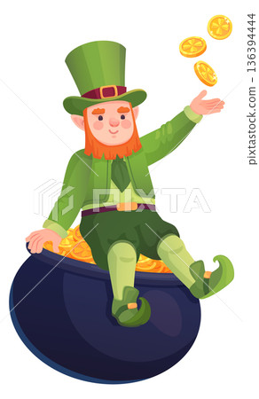 Leprechaun sit on gold coin pot cartoon mascot Leprechaun sit on gold coin pot cartoon mascot 136394444