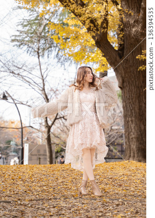 在秋天公園玩耍的女孩 在秋天公園玩耍的女孩 136394535