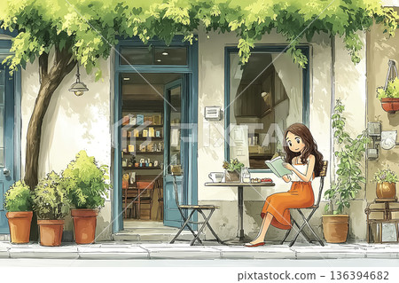 A woman reading a book in front of a cafe surrounded by greenery | A relaxing afternoon 136394682