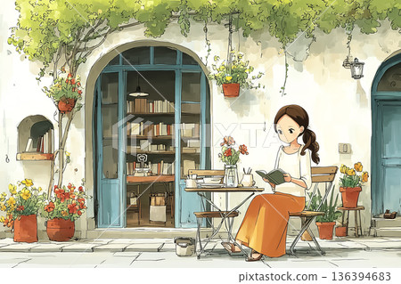 A woman reading a book at a cafe attached to a bookstore | A peaceful moment that blends into everyday life 136394683